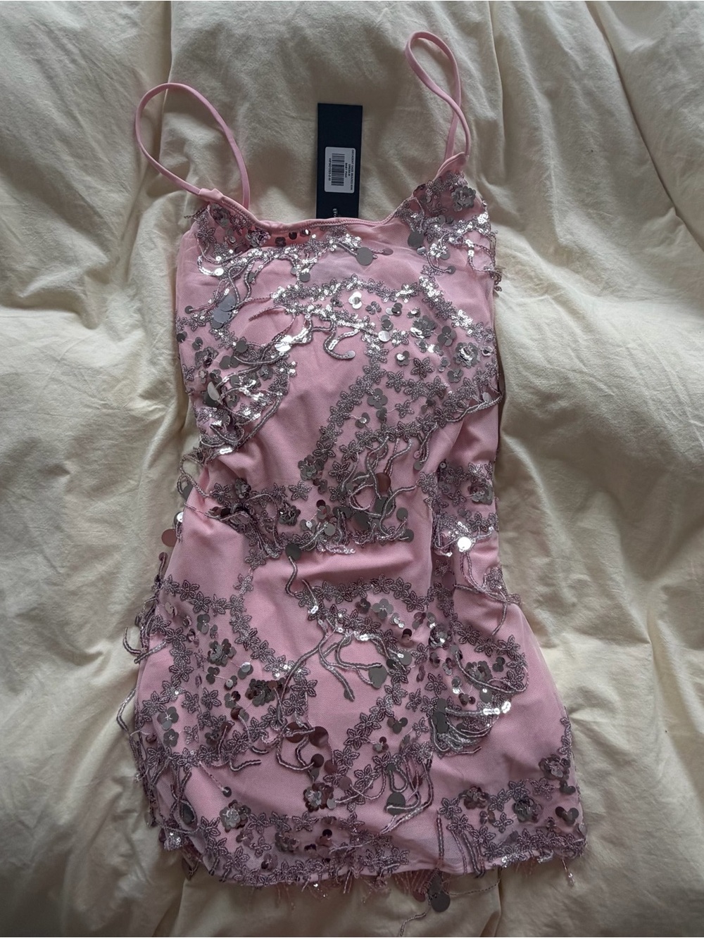 NWT White Fox Pink Sequin Embellished Spaghetti Strap Mini Dress